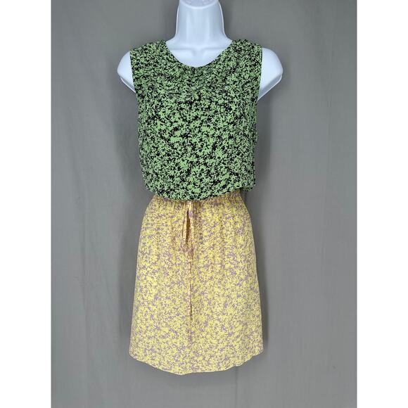 Y2K Vintage Dress Womens 6 Yellow Green Art Abstract Silk Mini Pastel Sleeveless - Picture 1 of 7